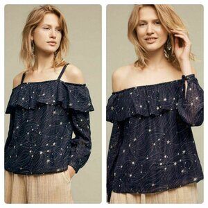 Anthropologie Floreat Midnight Blue Starry Ruffle Off Shoulder Blouse | XS
